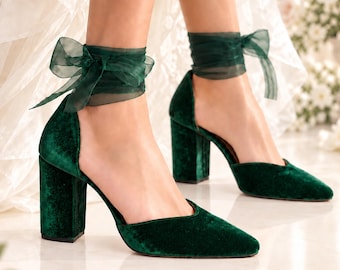 Velvet Wedding Shoes Dark Green, Organza Ribbon Ankle Strap Bridal Heels, Block Heel Pumps