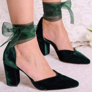 Dark Green Velvet Wedding Heels: Handmade Bridal Block Heel Pumps
