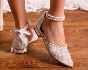 Wedding Pumps White Crochet Low Heels, Pearl Wedding Shoes for Bride, D'Orsay Flats, Ballerina Bridal Shoe, Wedding Heels, "JULIE"