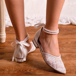 White Lace Wedding Shoes, Low Heel Bridal Flats, Pearl D&#39;Orsay Shoes for Bride, Ballerina Wedding Pumps, Elegant Lace Bridal Shoes &quot;JULIE&quot;