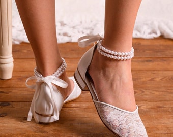 White Lace Wedding Flats: Pearl Ankle Strap Bridal Shoes