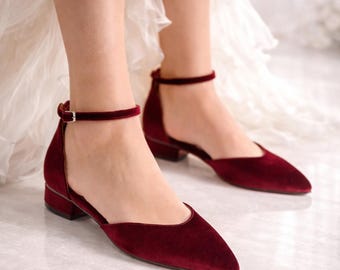 Burgundy Velvet Bridal Flats, Low Heel Handmade Wedding Shoes