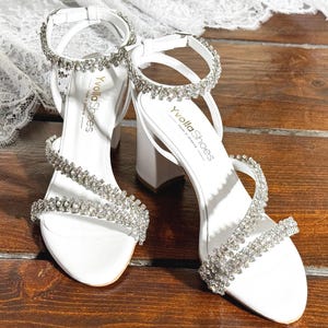 Handmade White Leather Crystal Bridal Sandals - Block Heel Wedding Shoes
