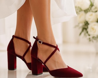 Burgundy Velvet Bridal Shoes with Crisscross Straps, Comfortable Block Heels