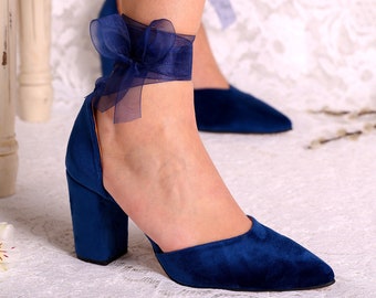 Blue Velvet Bridal Shoes with Bow Detail - Handmade Block Heel Wedding Heels "MIRIAM"