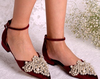 Burgundy Velvet Pearl Appliqué Flats: Handmade Bridal Ballet Shoes