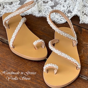 Handmade Ivory Leather Pearl Wedding Sandals - Greek Bridal Flats