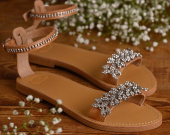 Wedding Leather Sandals with SPARKLY RHINESTONE APPLIQUE, Women Sandals Gift for Her, Beach Wedding, "Claudia"