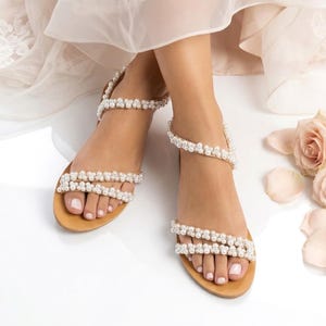 Pearl Bridal Sandals, Comfortable Wedding Shoes, Boho Garden Flats