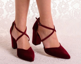 Burgundy Velvet Block Heel Bridal Shoes, Wedding Shoes Cross Strap, Bridesmaid Pumps, Evening Shoes, "FINA"