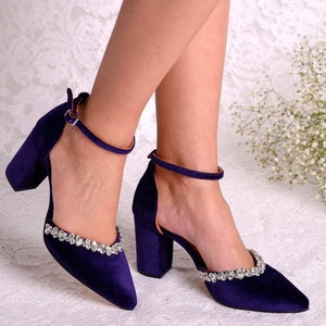 Handmade Purple Velvet Wedding Shoes: Crystal Bridal Block Heels