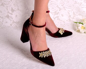 Burgundy Velvet Block Heel Wedding Shoes with Rhinestones • Bridesmaid Shoes • Bridal Shoes • Evening Heels "VANESSA"