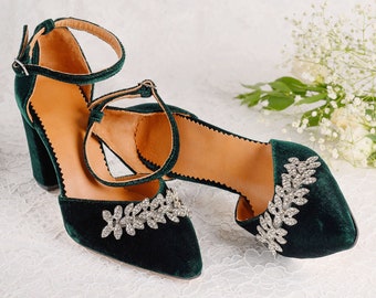 Green Velvet Block Heel Shoes • Women Wedding Shoes • Bridesmaids Pumps • Holiday Shoes "MINA"