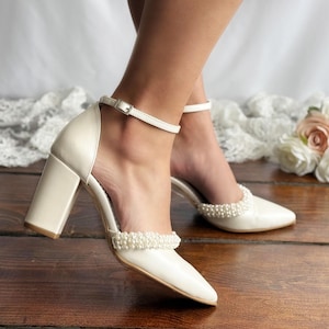 Ivory Wedding Shoes – Comfortable Bridal Shoes – Pearl Embellished Pumps – Block Heel Wedding Shoes – 'LIORA'