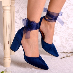 Blue Velvet Chunky Heel Wedding Shoes: Handmade Leather Bridal Pumps