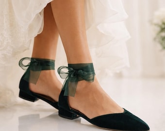 Green Velvet Bridal Flats, Low Heel Pointed Toe D'Orsay, Organza Ankle Bow, Handmade
