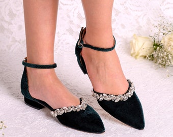 Wedding Pumps Low Heels with Crystals, Green Wedding Shoes for Bride, D'Orsay Flats, Bridal Shoes, Wedding Heels, "ARIANNA"