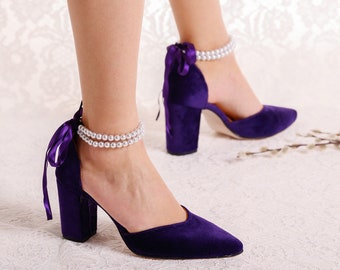 Block Heel Wedding Shoes with Pearl Ankle Strap, Dark Purple Velvet Pump Heels, Bridemaid Shoes, "TAYLOR"