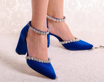 Blue Velvet Block Heel Shoes with Crystals • Women Wedding Shoes • Bridesmaid Shoes • Bridal Shoes • Evening Heels "MAGGIE"