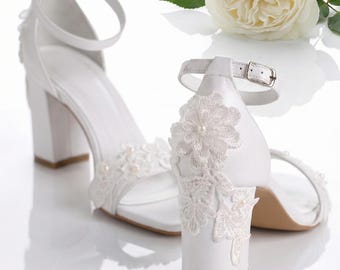 White Leather Block Heel Wedding Sandals, Floral Lace Detail, Comfortable Handmade