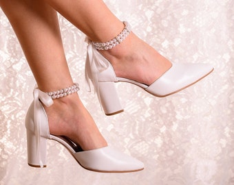 Bridal Shoes Block Heels with Pearl Ankle Strap, Handmade Leather Shoes, Wedding Shoes, Bridal Pumps, "MELINA"