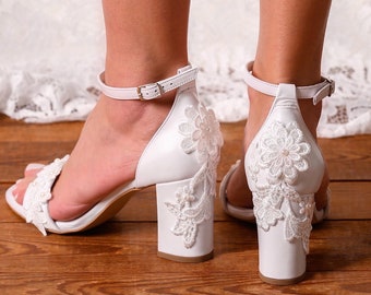 Elegant Bridal Shoes • Wedding Shoe For Bride • Open Toe Sandals with Lace • White Bridal Block Heels "FLORA"