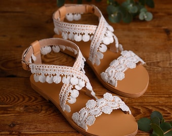 Boho Wedding Shoes, White Lace Flat Sandals, Leather Bridal Shoes, Beach Wedding, Bridal Sandals, "AIRAM"