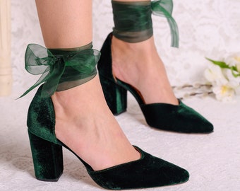 Block Heel Wedding Green Shoes • Handmade Green Heels • Velvet Bridal Shoes • Bow Wedding Shoes • Green Bridal Heels "SOPHIA"
