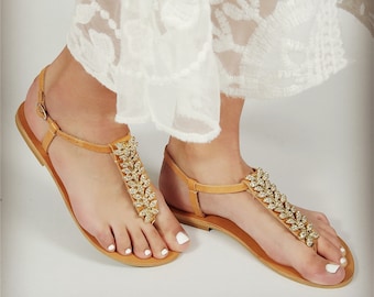 Wedding Leather Flat Sandals with Sparkly Rhinestones, Women Sandals,  Bridesmaids Flats, Beach Wedding Shoes