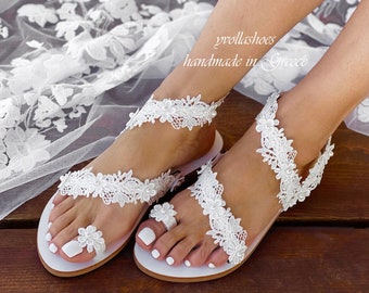 Wedding Sandals • White Leather Bridal Shoes • Handmade Sandals • Beach Wedding Sandals • Lace Wedding Shoes "AMELIA"
