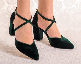 Dark Green Velvet Block Heels • Pointy Toe Green Pumps • High Heels • Green Wedding Shoes • Green Bridal Shoes • Bridesmaid Shoes "BELINDA"