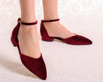Wedding Pumps Low Heels with Ankle Strap, Burgundy Wedding Shoes for Bride, D'Orsay Flats, Bridal Shoes, Wedding Heels, "KARELY"