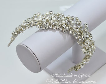 Diadema nuziale di perle e cristalli, diadema nuziale di perle, corona nuziale di perle fatte a mano, copricapo da sposa, copricapo da sposa, diadema nuziale•T81