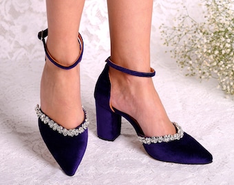 Dark Purple Velvet Block Heels, Wedding Shoes for Bride with Crystals, Bridesmaid Pumps, Evening Heels, "FIONA"