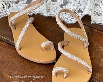 Wedding Leather Sandals • Pearl Bridal Shoes • Handmade Sandals • Beach Wedding • Bridesmaid Gifts • Lace Wedding Shoes "LIA"