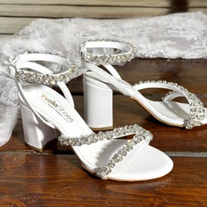 White Leather Block Heel Sandals with Crystals – Women Wedding Shoes, Bridal Heels, Bridesmaids Shoes &quot;Elara&quot;