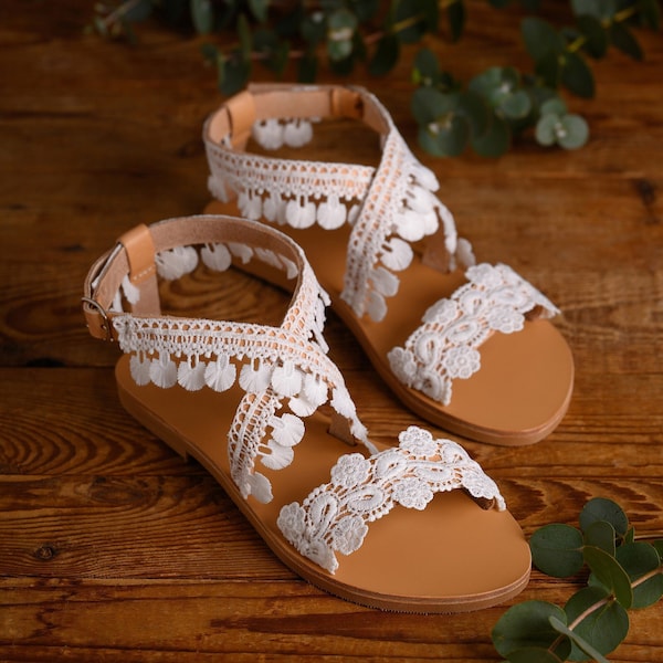 Boho Wedding Shoes, White Lace Flat Sandals, Leather Bridal Shoes, Beach Wedding, Bridal Sandals, "AIRAM"