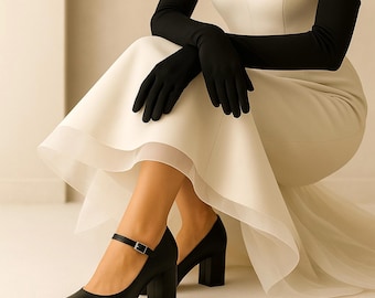Mary Jane Black Leather Bridal Block Heels, Pointed Toe Handmade Shoes