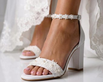 White Leather Wedding Sandals, Comfortable Block Heel Bridal Shoes, Floral Lace Detail