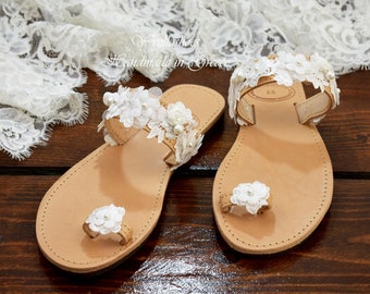 Wedding Leather Slide Sandals • WHITE Lace Bridal Shoes • Bridesmaid Sandals • Wedding Shoes "MELISSA"