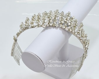 Zilveren Strass Bruiloft Tiara • Koninklijke Bruidskroon • Handgemaakte Prinsessenkroon • Prinses Tiara • Zilveren Bruids Tiara • T60