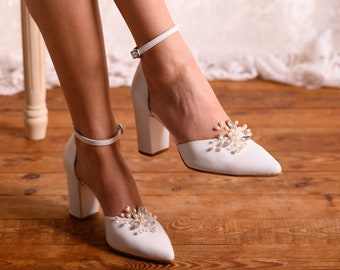 Bridal Shoes Block Heels with Pearl Clips, White Leather Pump Heels, Handmade Shoes, "AGELIA"