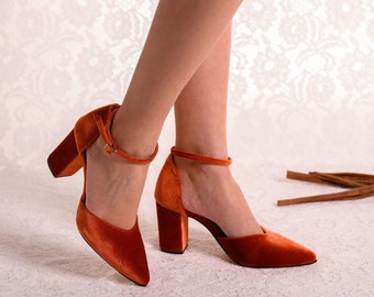 Burnt Orange Velvet Block Heel Shoes, Women Wedding Shoes, Bridesmaids Pumps, Holiday Shoes, "CASSIE"