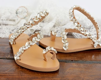 Wedding Leather Flat Sandals • Bridal Shoes with Crystals • Handmade Sandals • Beach Wedding • Bridesmaid Flats • Wedding Shoes "AVA"