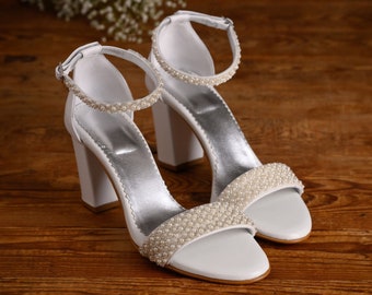 Block Heel Wedding Leather Sandals, Pearl Wedding Shoes for Bride, Handmade Heels, Bridal Sandals, "OLIVIA"