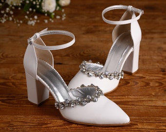 Block Heel Wedding Shoes with Crystals, White Leather Bridal Shoes, D'Orsay Heels, Ankle Strap Pumps, "VIVIAN"