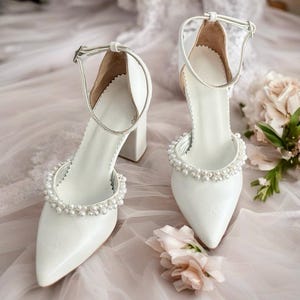 Handmade White Leather Bridal Block Heels: Pearl Ankle Strap Wedding Shoes