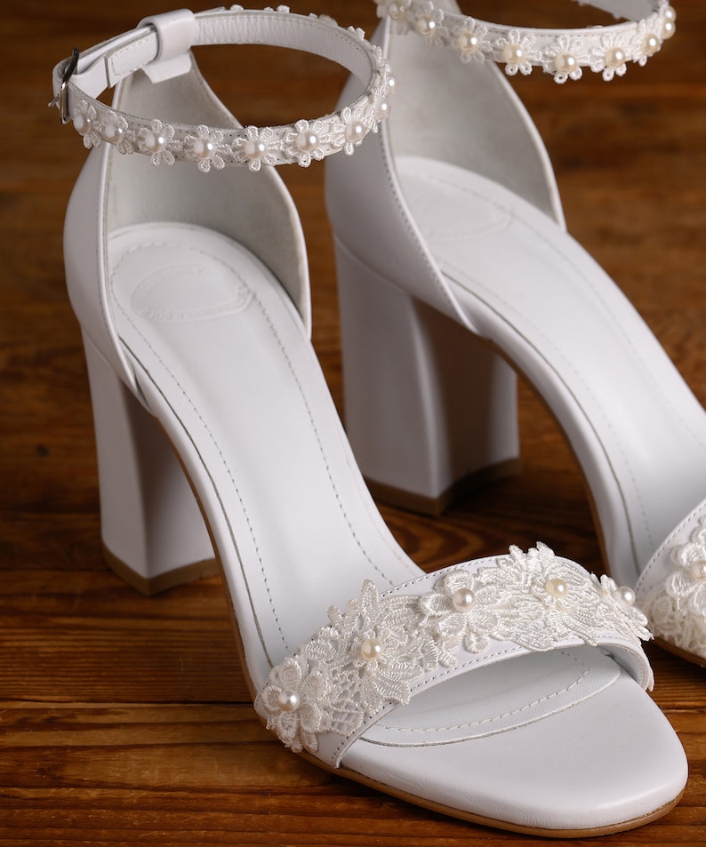 Block Heel Leather Wedding Sandals, Women Wedding Shoes with WHITE LACE, Bridesmaid Shoes, Evening Heels by YvollaShoes image 2
