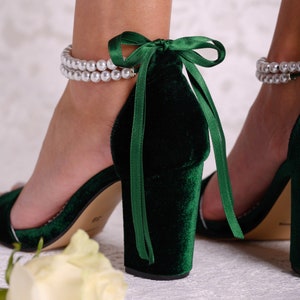 Dark Green Velvet Block Heels Open Toe Green Pumps Green Wedding Shoes Green Bridal Shoes Bridesmaid High Heels SIA image 5