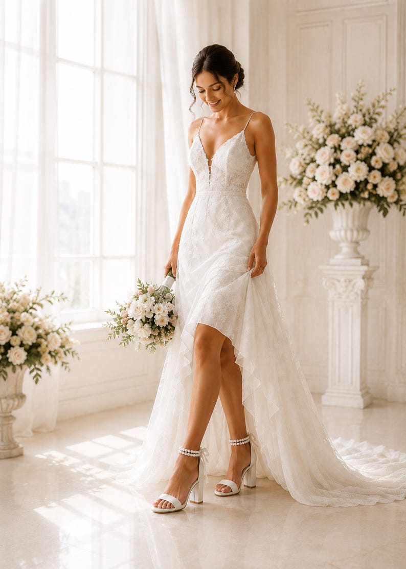 Bride walking in white bridal sandals with pearl ankle straps and comfortable block heels.